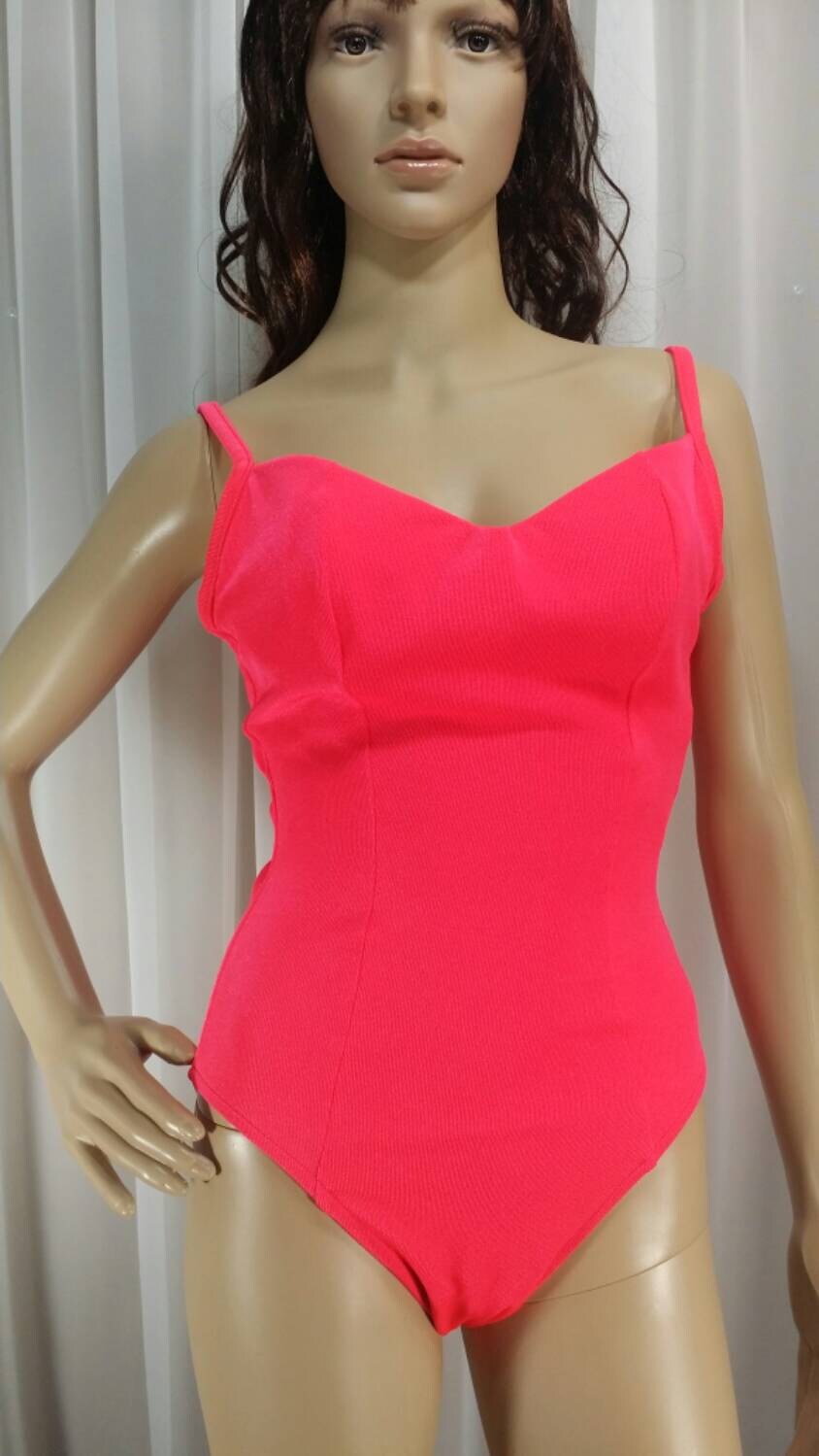 80s Hot Pink One Piece Swimsuit Retro Neon Size 10