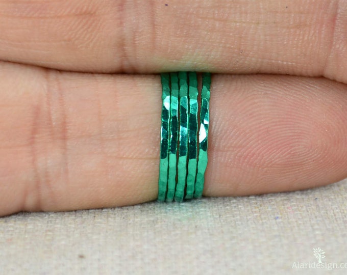 Set of 5 Super Thin Emerald Silver Stackable Rings, Green Ring, Green Jewelry, Emerald Band, Stacking Ring Set, Emerald Ring Set, Green