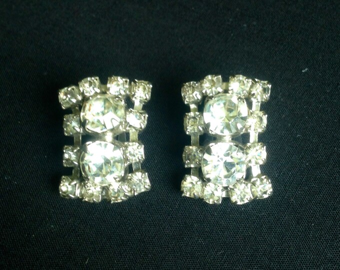 Storewide 25% Off SALE Beautiful Vintage Designer Rectangular Diamond Silver Tone Earrings Featuring Encrusted Rhinestone Accents And Rich A