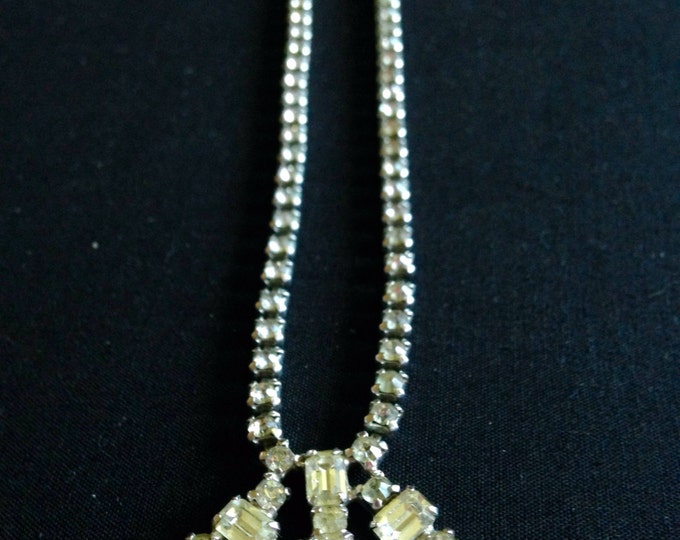 Storewide 25% Off SALE Vintage Silver Tone Pendant Style Designer Tennis Necklace Featuring Beautiful Prong Set Clear Rhinestone Accents