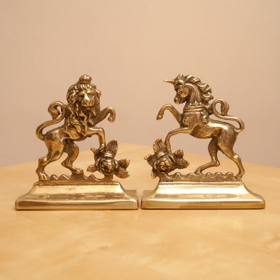 Vintage brass book end / door stopper set Lion and by UKAmobile