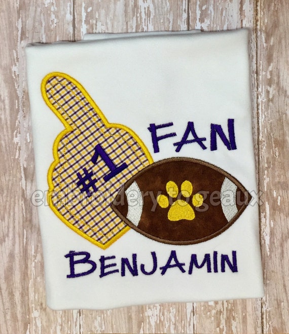 Personalized #1 Fan Purple and Gold LSU Foam Finger and Football Child's T-shirt or Infant Bodysuit-Football T-Shirt or Bodysuit-