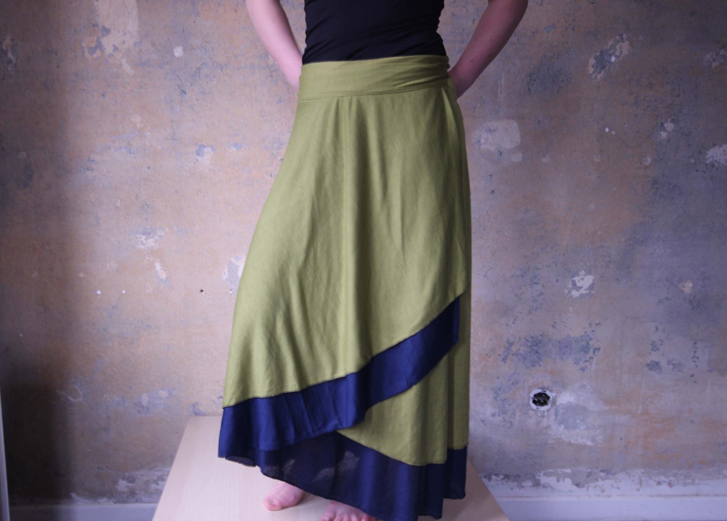 Long Wrap Skirt Jersey Reversible Skirt Green &Navy Gypsy