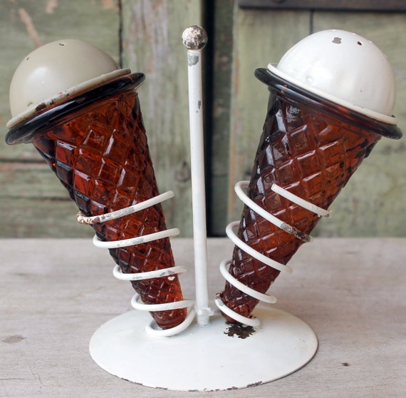 Ice cream Cone Salt Pepper Shakers in a Stand Vintage Cute