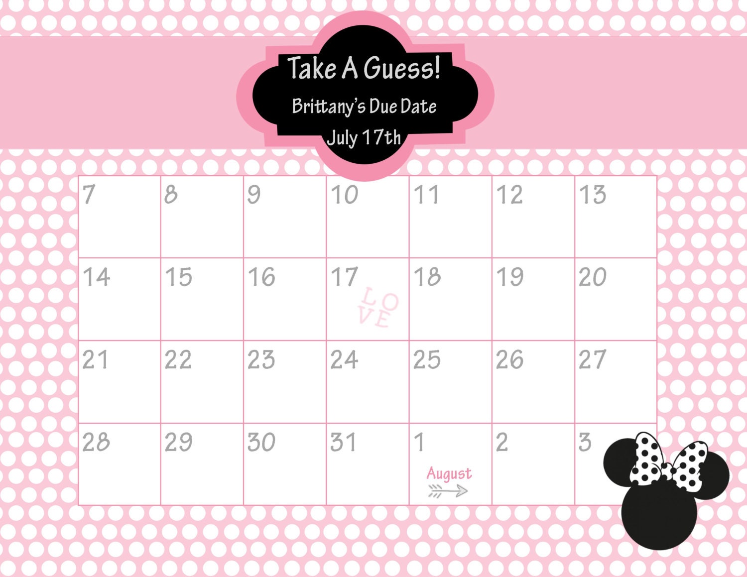 Printable Due Date Calendar // minnie mouse // Baby Shower