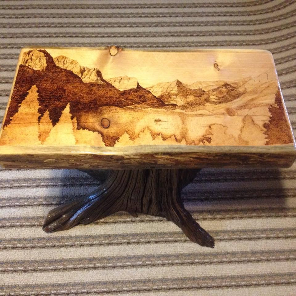 Hand Wood Burned End Table of St Mary's Lake Glacier