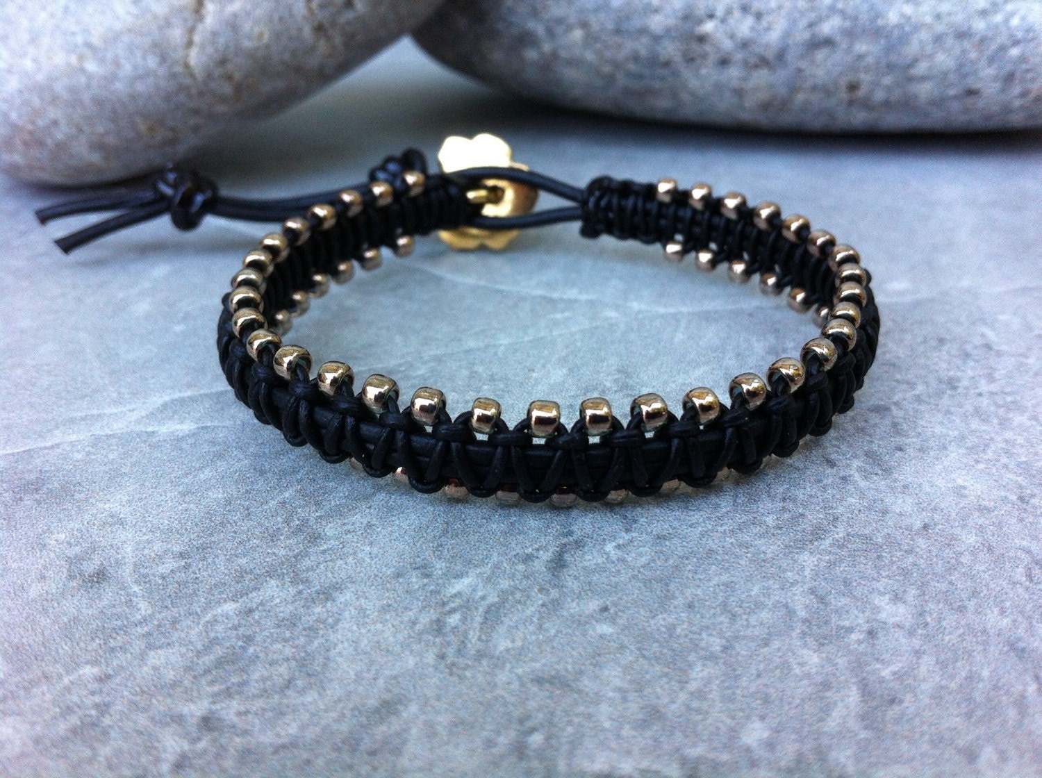 Leather Macrame Bracelet Gold Beaded Bracelet Black Leather