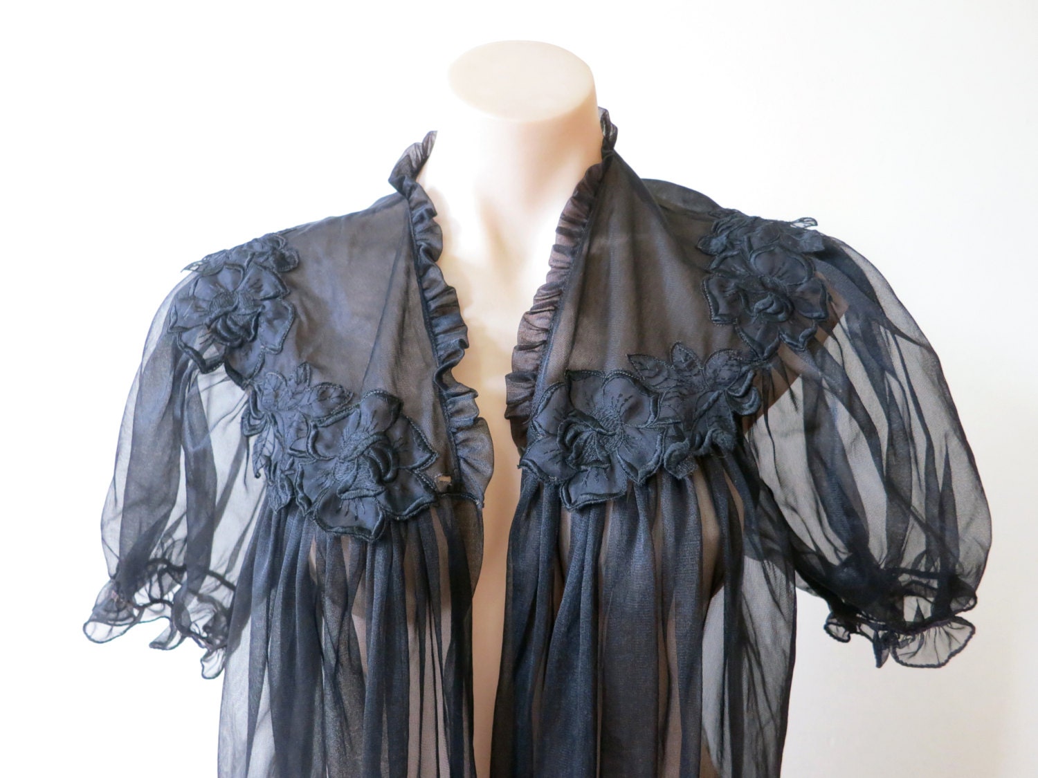 70s 80s sheer black negligee smock coat nylon robe dressing