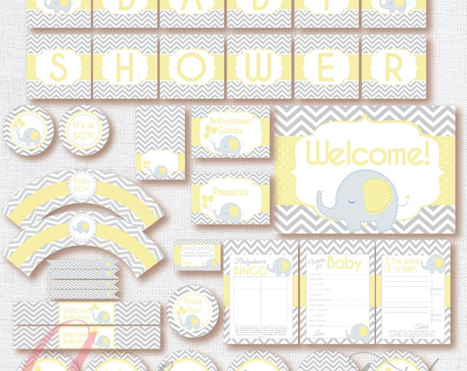 Babyshower Elephant Party Package. Instant download. Printable. Boy Babyshower.Yellow and gray babyshower.Gray chevron and yellow babyshower