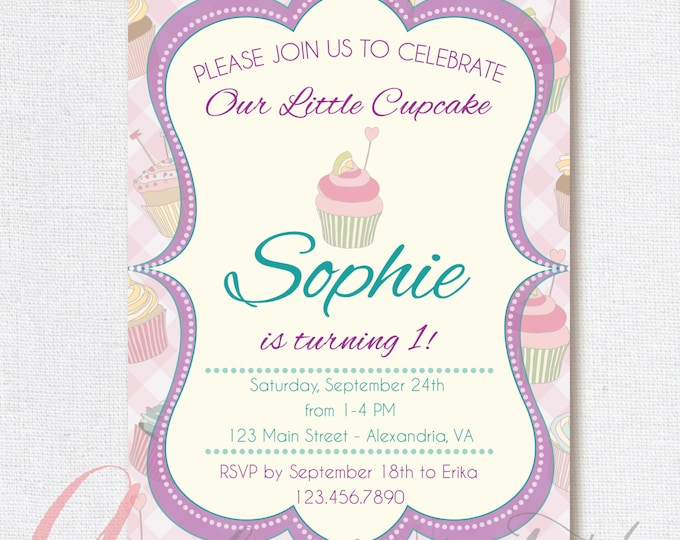 Cupcake invitation. Birthday cupcake invite. Printable cupcake invitation. First year cupcake invite.