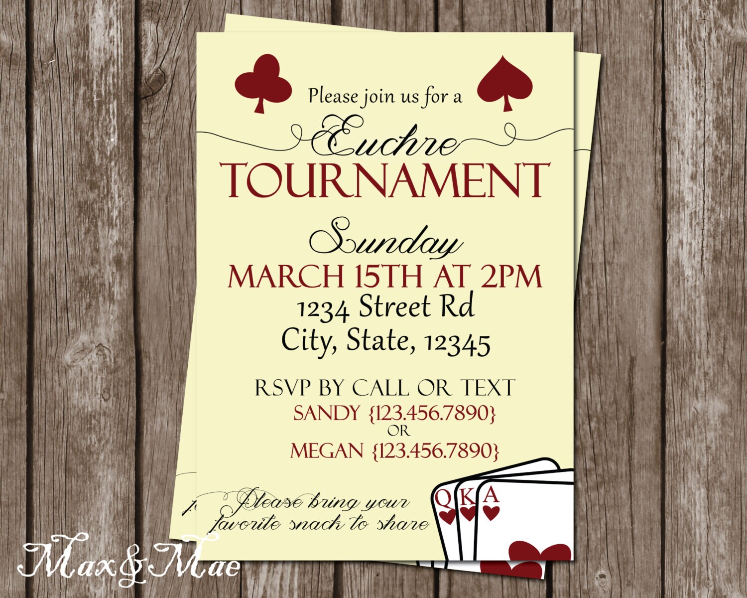 Euchre Tournament Invitation Deck of Cards Invitation Euchre