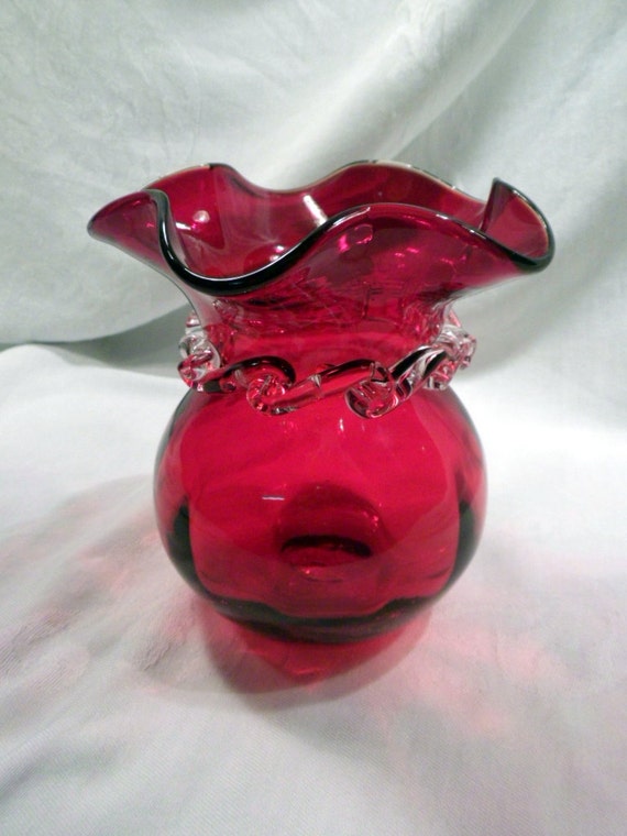 Red Vase Vintage Glass HandBlown Clear Rigaree Ruffled
