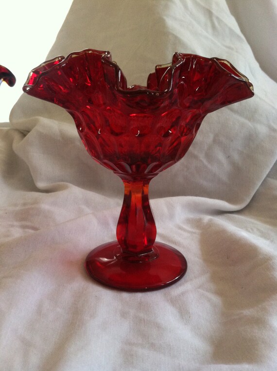 Fenton Red Compote Candy Dish Thumbprint Clear by glassgalore74