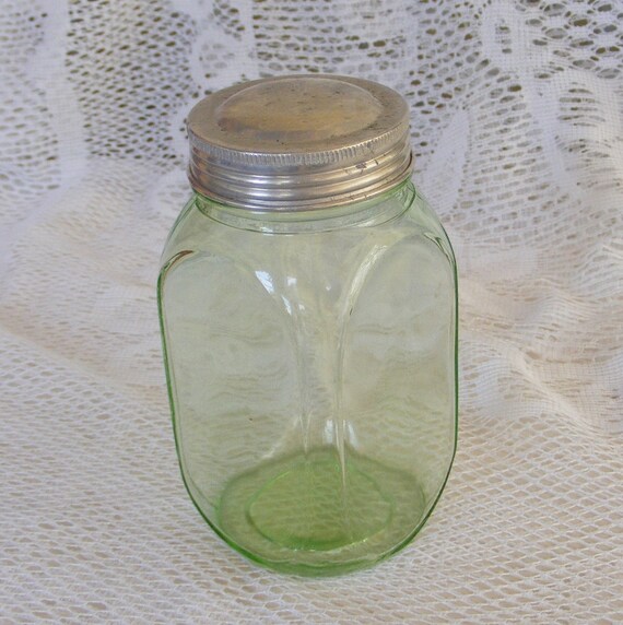 Vintage Green Depression Glass Jar w Aluminum Lid Cover