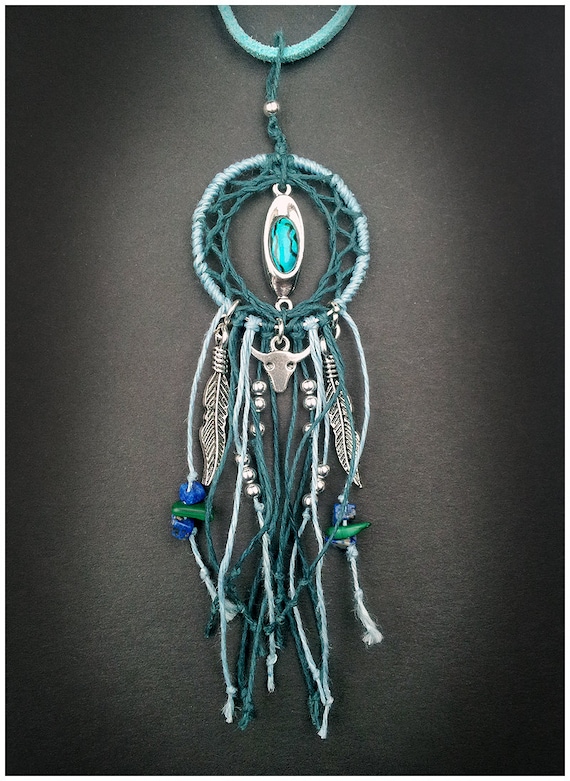 Blue/Green Boho Hemp Dreamcatcher Necklace