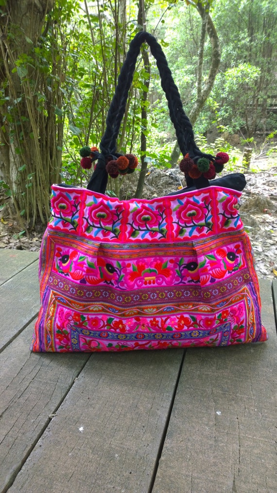 Pink Hmong Boho Embroidery Tote Ethnic Bag fashion by pasaboho