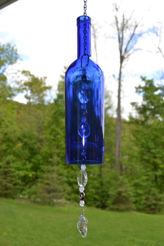 Wine Bottle Wind Chime/Blue Bottle Wind by WhiteRoosterShoppe