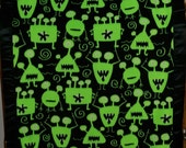 Fleece Quilt Satin bound fleece Alien Monsters blanket Throw 30"X35" non pill fleece single layered for lightweight comfort Neon Green Black