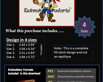 Jake Neverland Pirates Embroidery designs Multiformat Pes, Hus, Jef, Dst, Exp Machine embroidery Disney Junior 4 Sizes Product Code : Jake