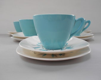 Midwinter "Cassandra" Tea Set Teacups, Saucers and Plates Trios Set of Six 1960's #10163