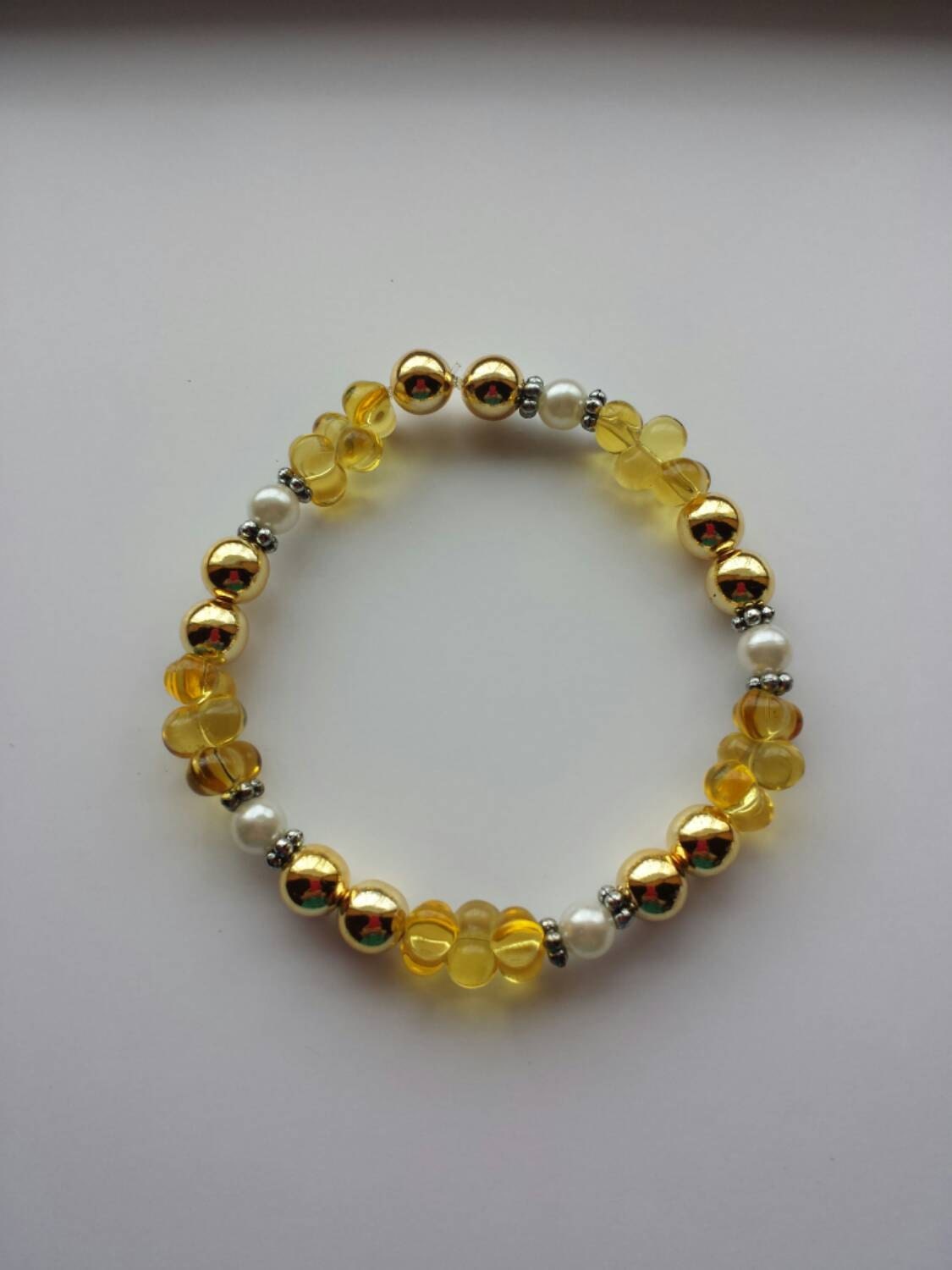 Gold Bead Stretch Handmade Bracelet with Vintage Pearl by HaShaye