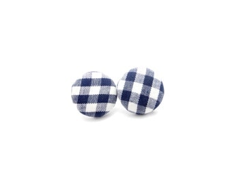 Navy gingham fabric covered button earrings, gingham earrings, blue gingham button earrings, blue gingham earrings, gingham, nautical posts