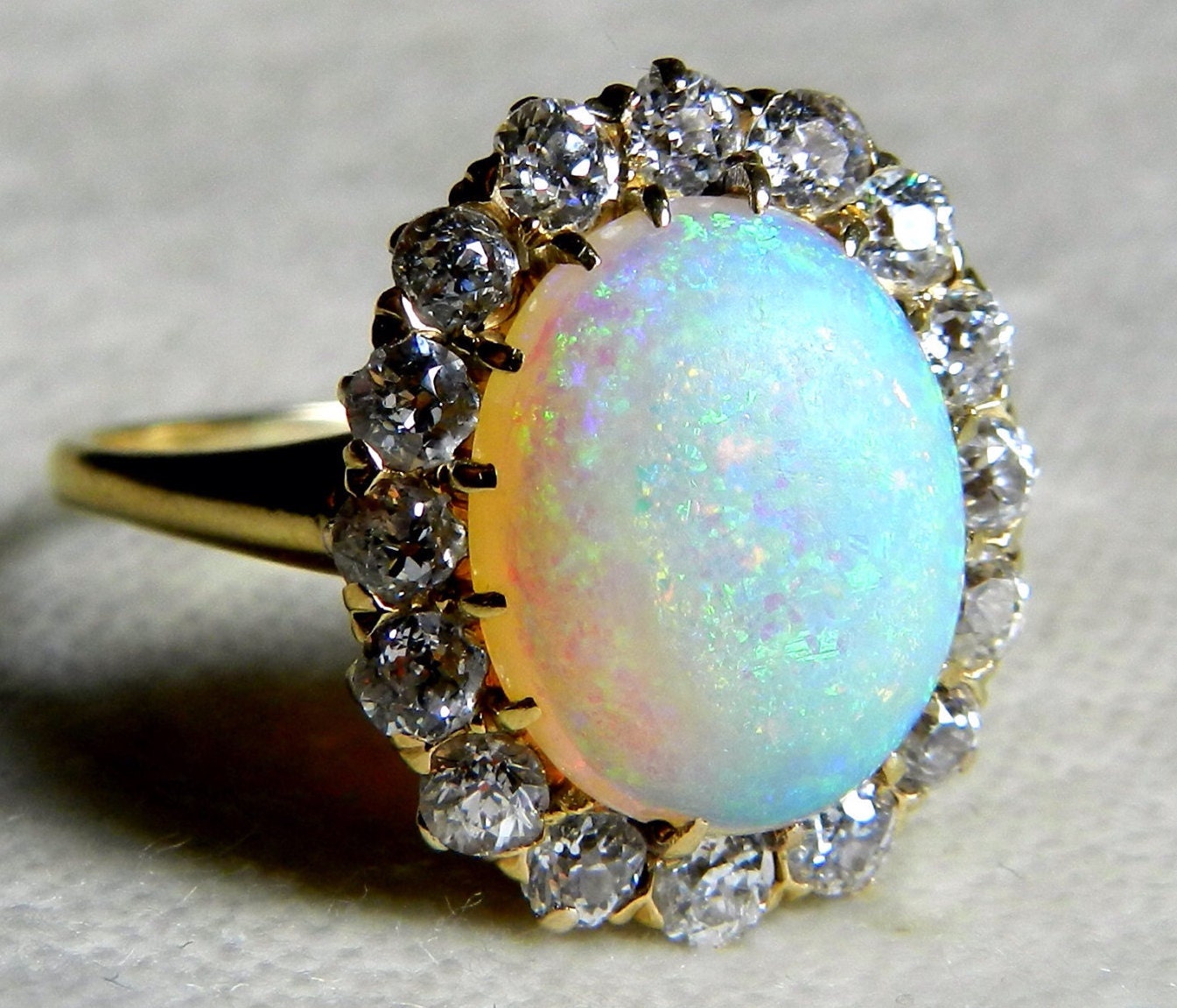 Antique 3 ct Opal Engagement Ring 1.6 cttw Mine Cut Diamond Australian