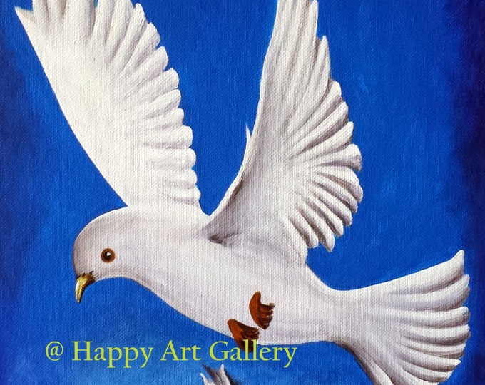 White Pigeon - Bird of Peace, Abstract White Pigeon Original Painting, Dove Wall art, handpainted pigeon spring bird decor mothers day gift