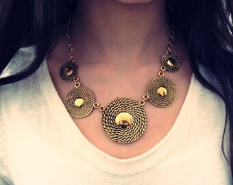 Bib Necklace, Gold Statement Necklace, Gold Tribal Necklace, Big Chunky Statement Necklace, Gold Vintage Necklace, Gold Antique Necklace