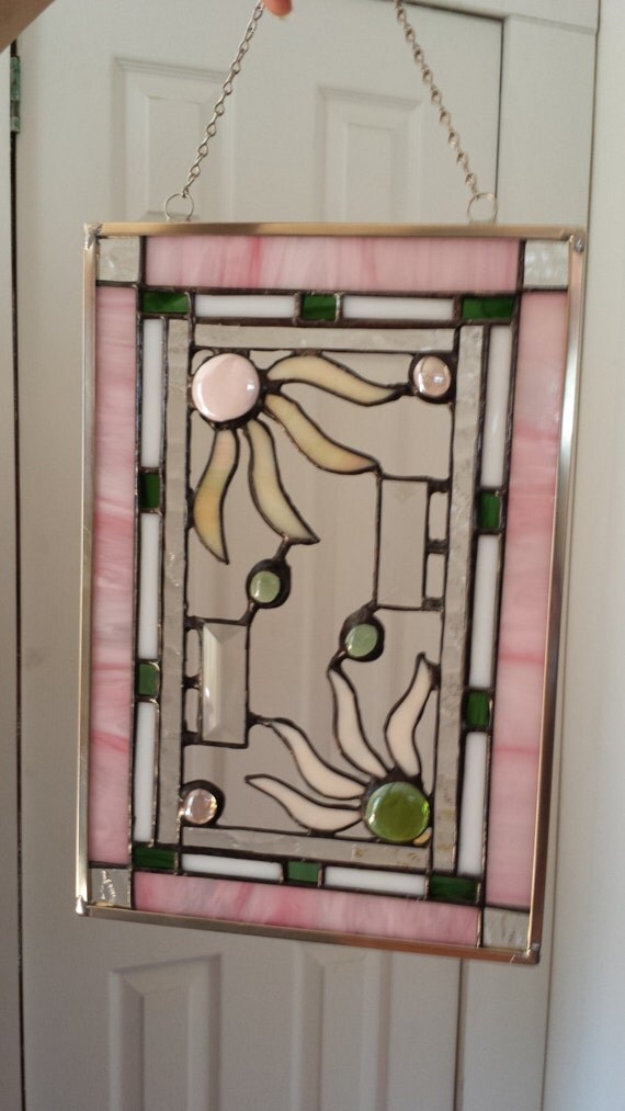 Beautiful Pink accented stained glass window hanging with