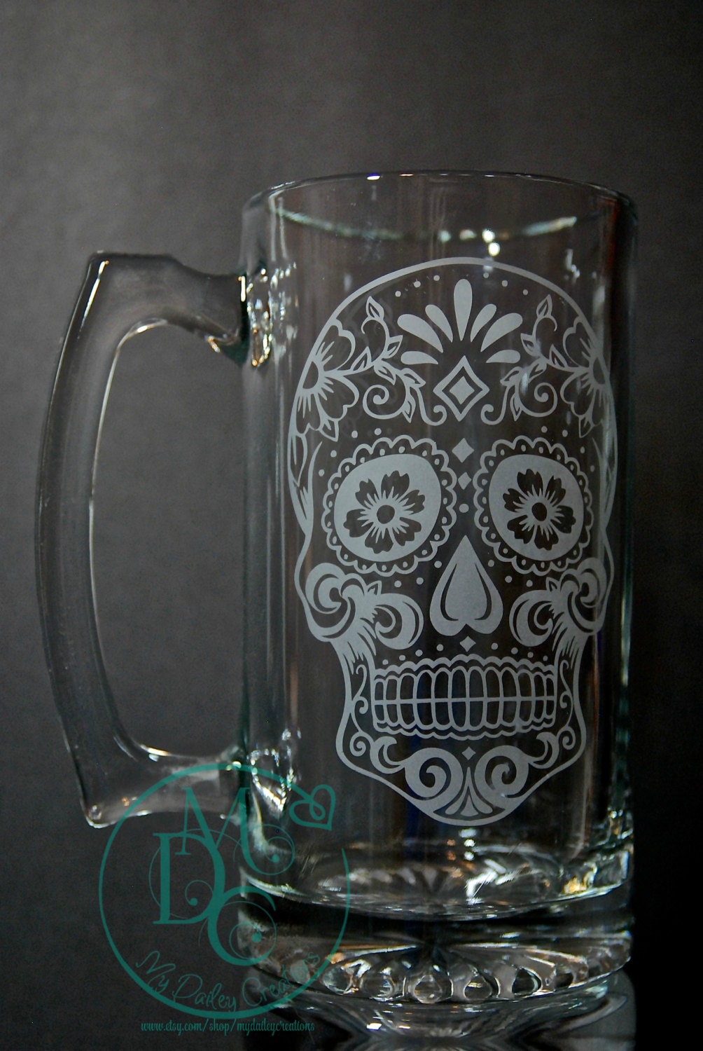 Glass Etched Sugar Skull Mug Etched by MyDaileyCreations on Etsy