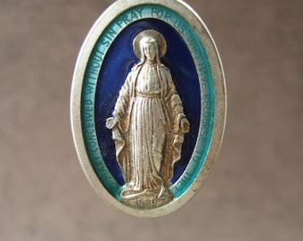 Vintage Catholic MIRACULOUS MEDAL Pendant with turquoise and blue enamel
