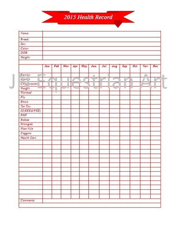 2015 Printable Horse Health Record In Red By JNEquestrianArt