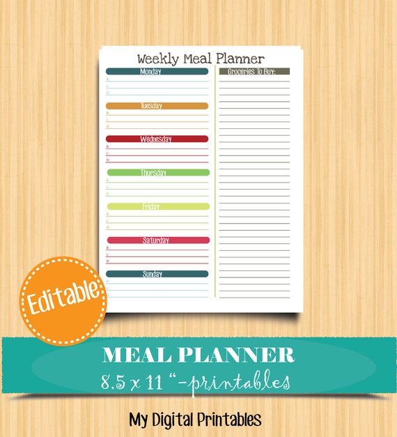 Editable Printable Meal Planner Organizer by MyDigitalPrintables