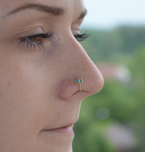 2mm Turquoise Nose Ring Hoop Gold Flower Nose stud Cartilage