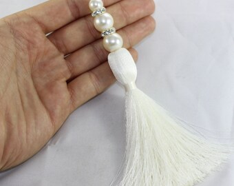 1 Pc Premium Quality Thread Tassel 150 mm with Rhinestones and Synthetic Pearls, Handmade Tassel Necklaces, Tassel Pendants