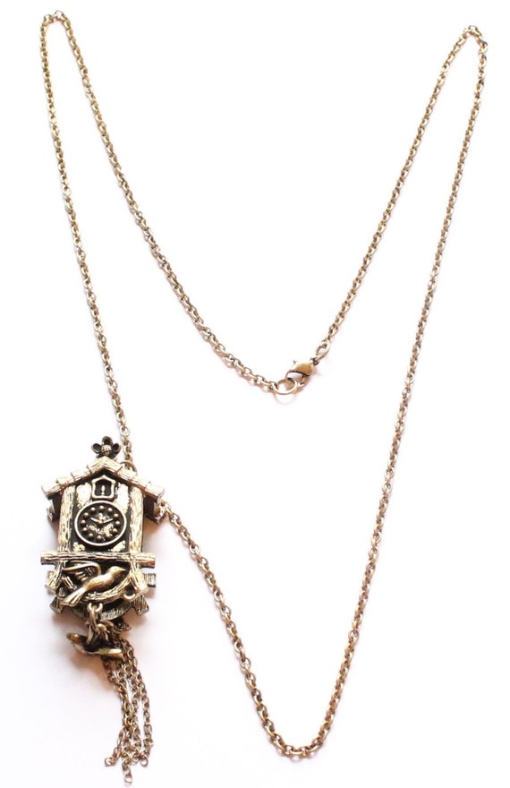 Gold Tone Cuckoo Clock Pendant Necklace by paststore on Etsy