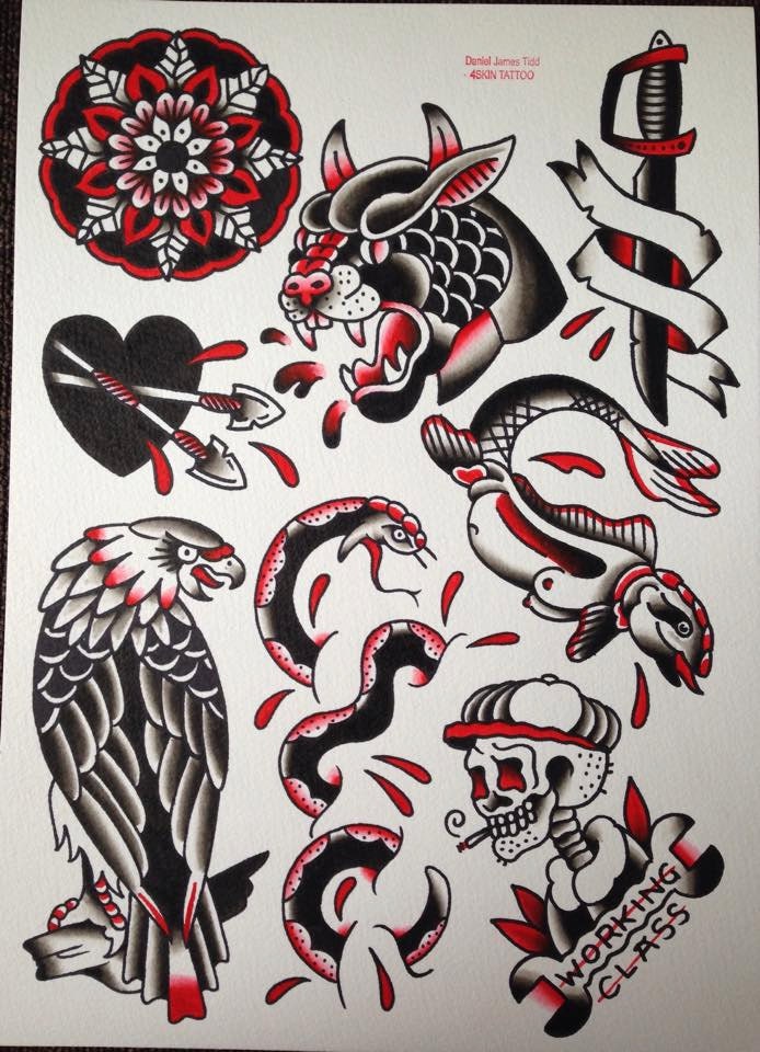 Black and red original watercolour traditional tattoo flash