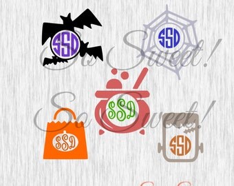 Halloween Monogram SVG / DXF Frames Bats Spiderweb Cauldron Frankenstein Monster Treat Bag Svg Halloween Silhouette Cut File Monogram