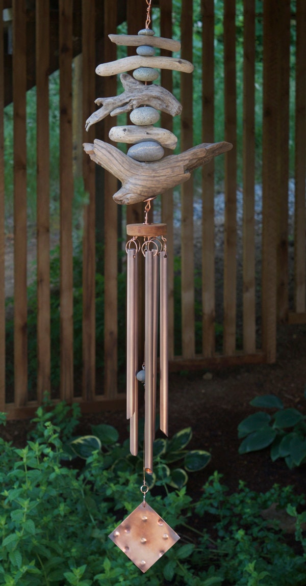 Wind Chime Driftwood Beach Stones Copper wind chimes