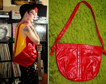 BIG Red 1970's 80's Vintage Large Solid Red Leather Shoulder Purse with Knotted Straps // Sexy PUNK
