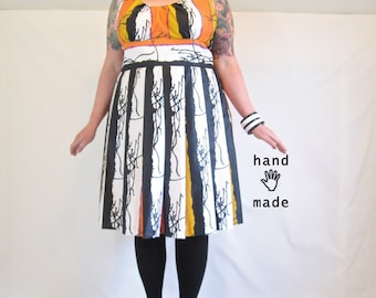 Pretty Scribbler Dress - plus size dress, size 22 / 24 / XXL - black white orange yellow, stripe, vintage cotton fabric -- 52B-44W-60H