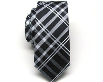 Skinny Tie. Mens Ties. Black and Silver Plaid Skinny Neckties