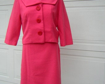 Hot Pink Suit 1960s Wool Vintage Jackie O - Custom Made Size S M
