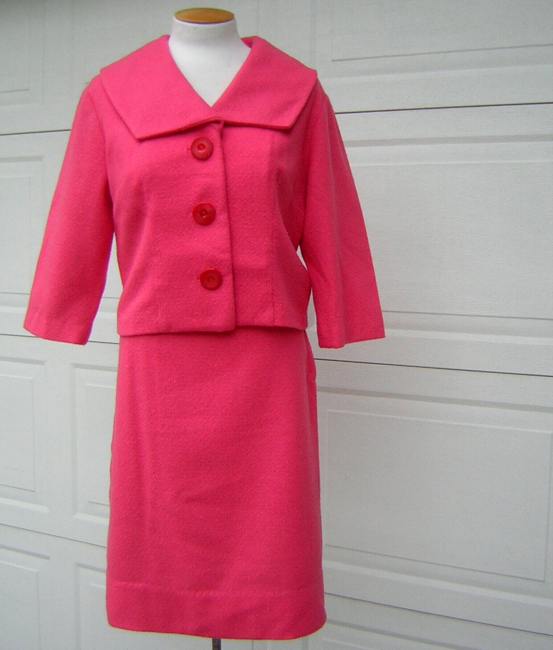Hot Pink Suit 1960s Wool Vintage Jackie O Custom Made Size S