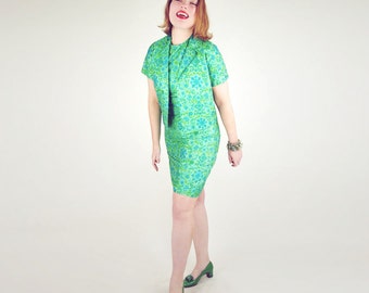 60s Green Print Thai Silk Shift Dress and Jacket S M