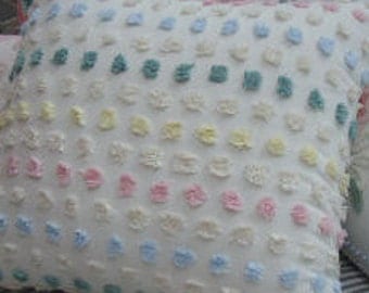 Vintage Chenille Pillow Cover French Pink White Yellow Cottage Shabby Chic Bedrom Nursery