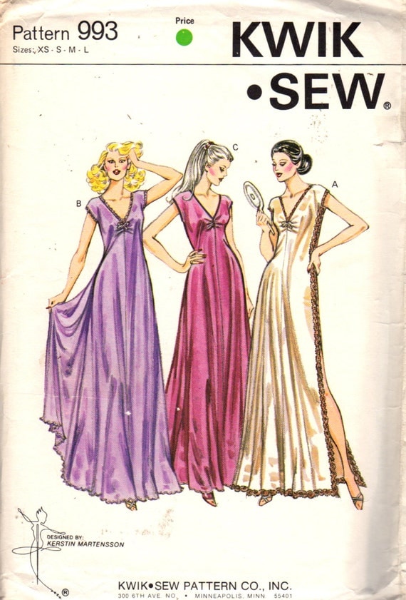 Kwik Sew 993 1980s Misses Evening Length V Neck Nightgown Pattern Lettuce Edging Womens Sewing Pattern Size xs s m l Bust 31 - 41 UNCUT