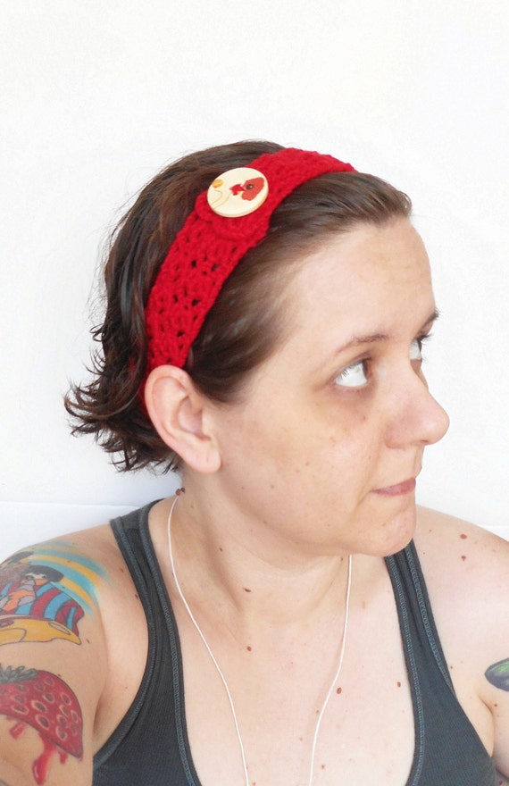 Lacy Crochet Headband in Red. 