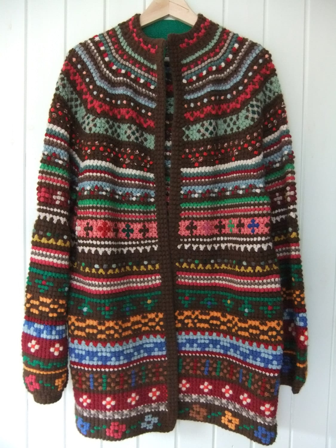 70’s Crochet Cardigan – Handmade Winter Crochet Long Overcoat Coat ...